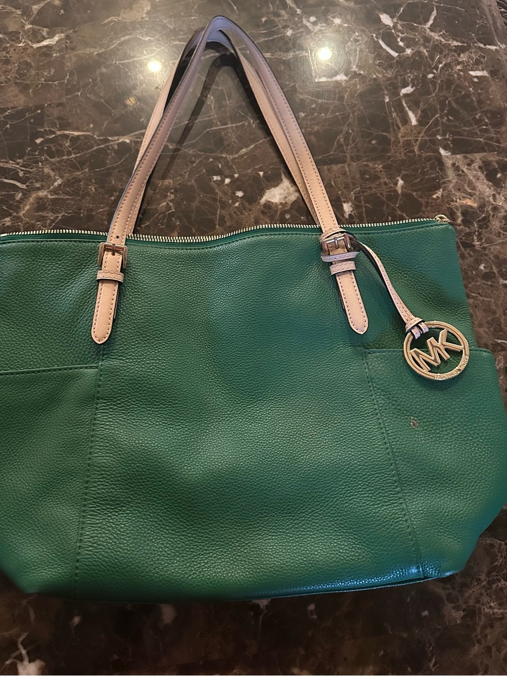 Michael Kors Green Pebbled Leather Tote with Beige Straps